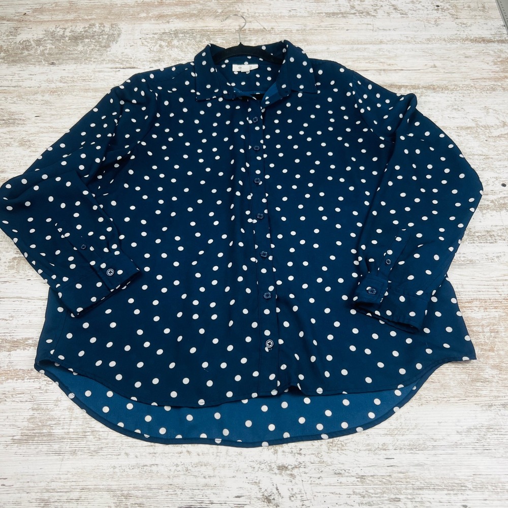 ON 34TH Womens Large Navy Blue Polka Dot Polyester Long Sleeve Button Up Shirt